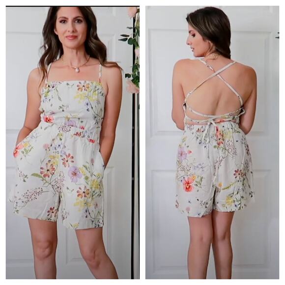 [H&M] Cream Linen Blend Cottagecore Wildflower Floral Print Strappy Romper Sz XL - Picture 1 of 12